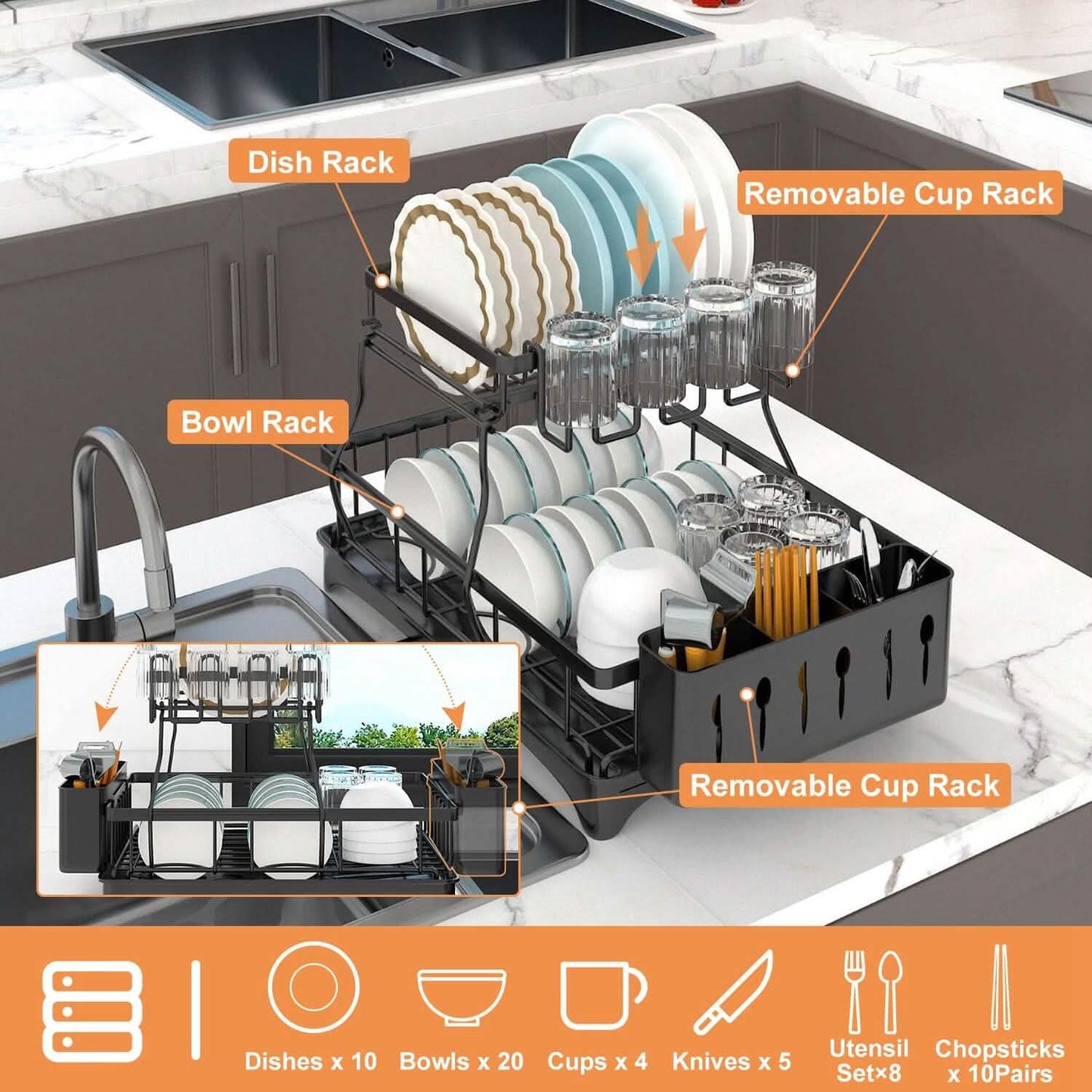 2-Tier Dish Rack Drainer Organizer Set with Utensil Cup Holder Rack Swivel Spout DailySale