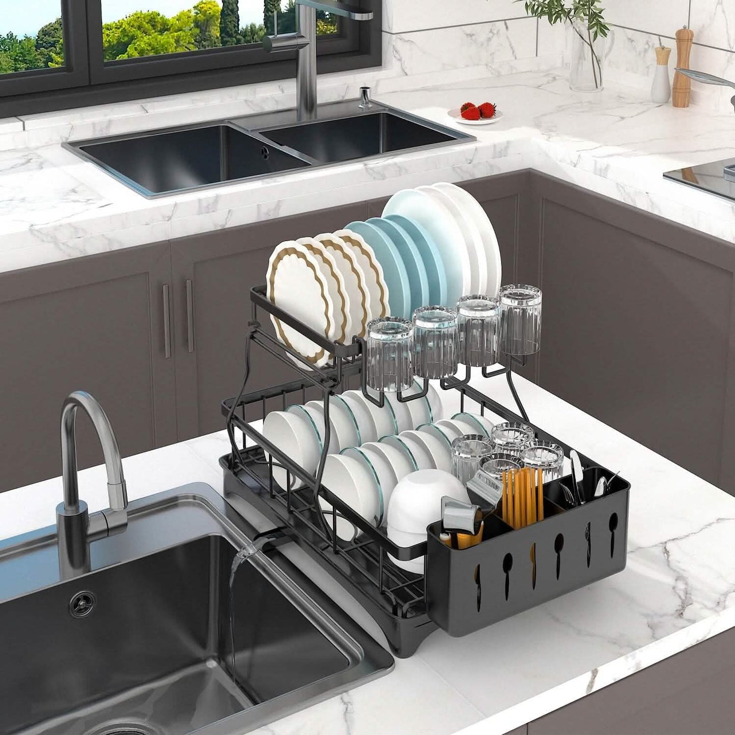 2-Tier Dish Rack Drainer Organizer Set with Utensil Cup Holder Rack Swivel Spout DailySale