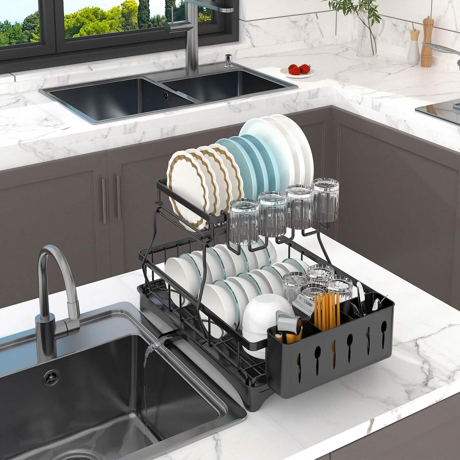 2-Tier Dish Rack Drainer Organizer Set with Utensil Cup Holder Rack Swivel Spout DailySale