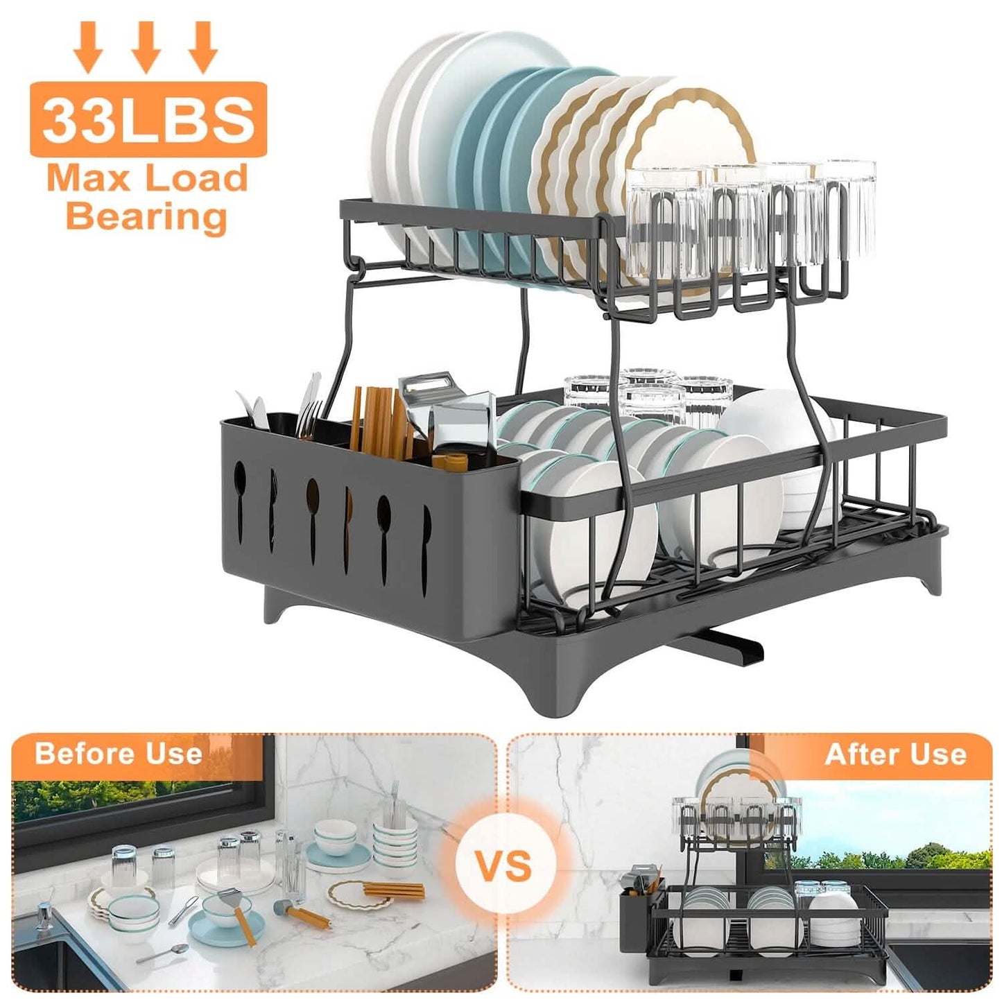 2-Tier Dish Rack Drainer Organizer Set with Utensil Cup Holder Rack Swivel Spout DailySale
