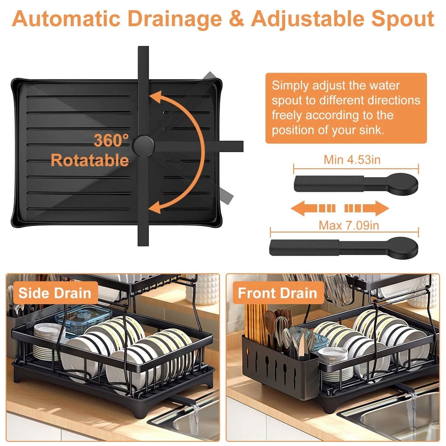 2-Tier Dish Rack Drainer Organizer Set with Utensil Cup Holder Rack Swivel Spout DailySale