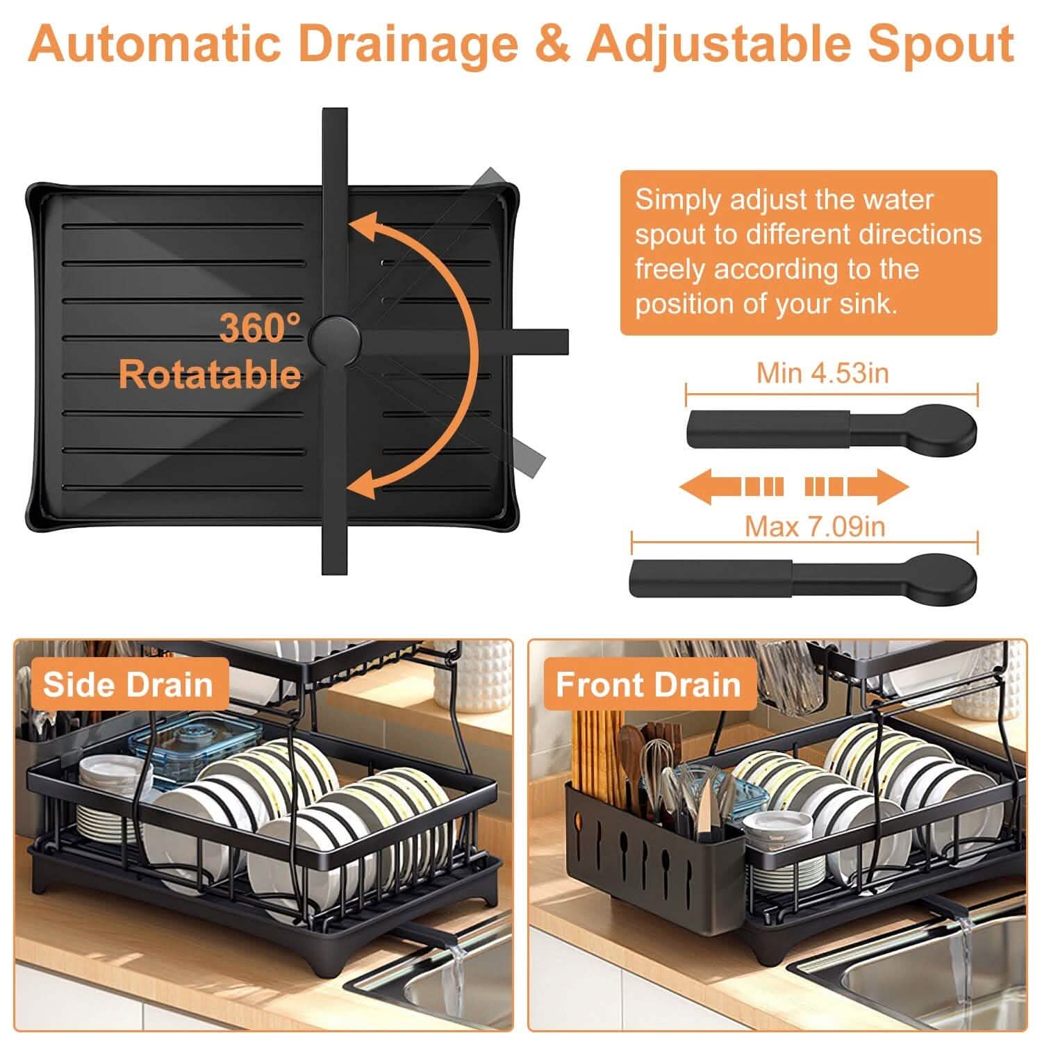 2-Tier Dish Rack Drainer Organizer Set with Utensil Cup Holder Rack Swivel Spout DailySale
