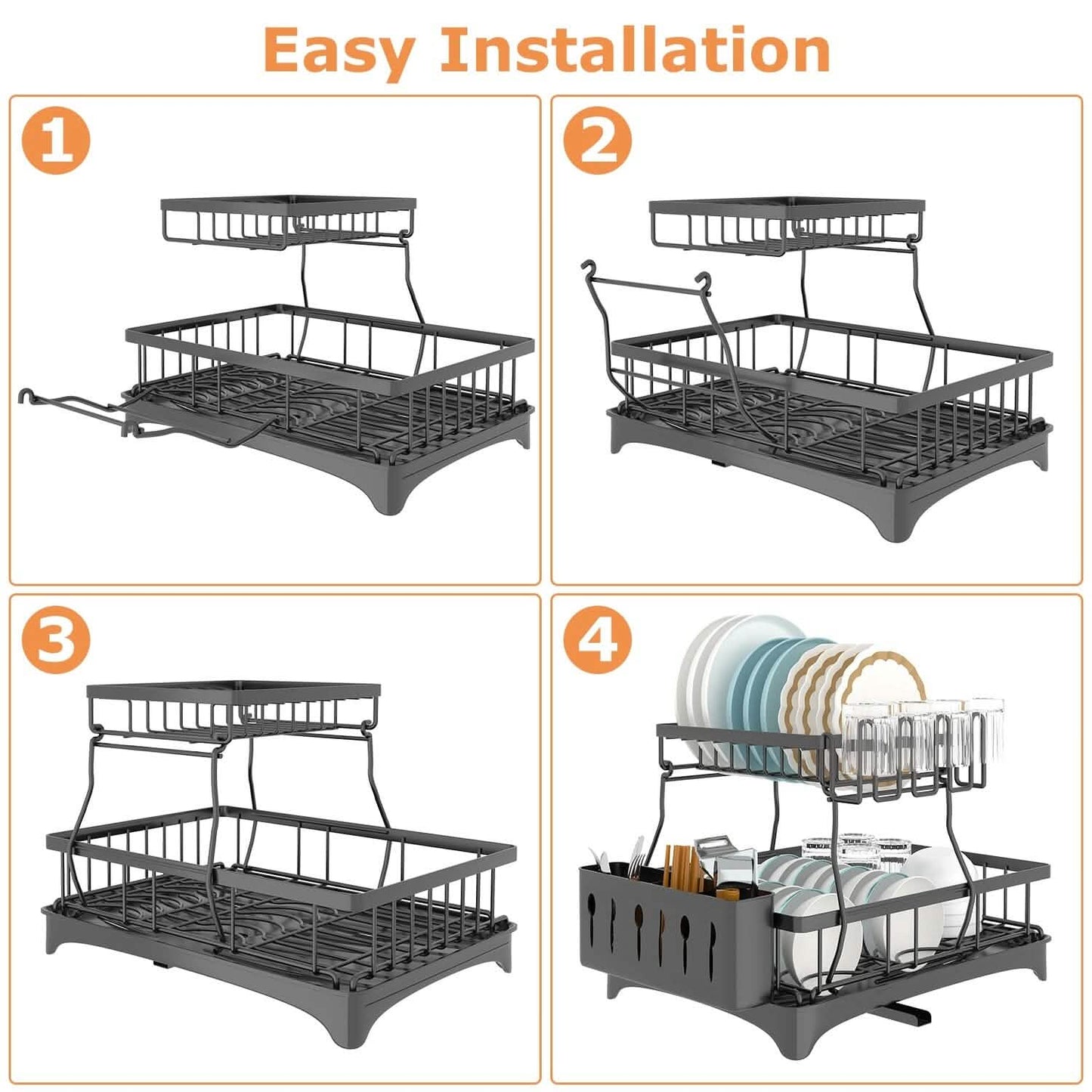 2-Tier Dish Rack Drainer Organizer Set with Utensil Cup Holder Rack Swivel Spout DailySale
