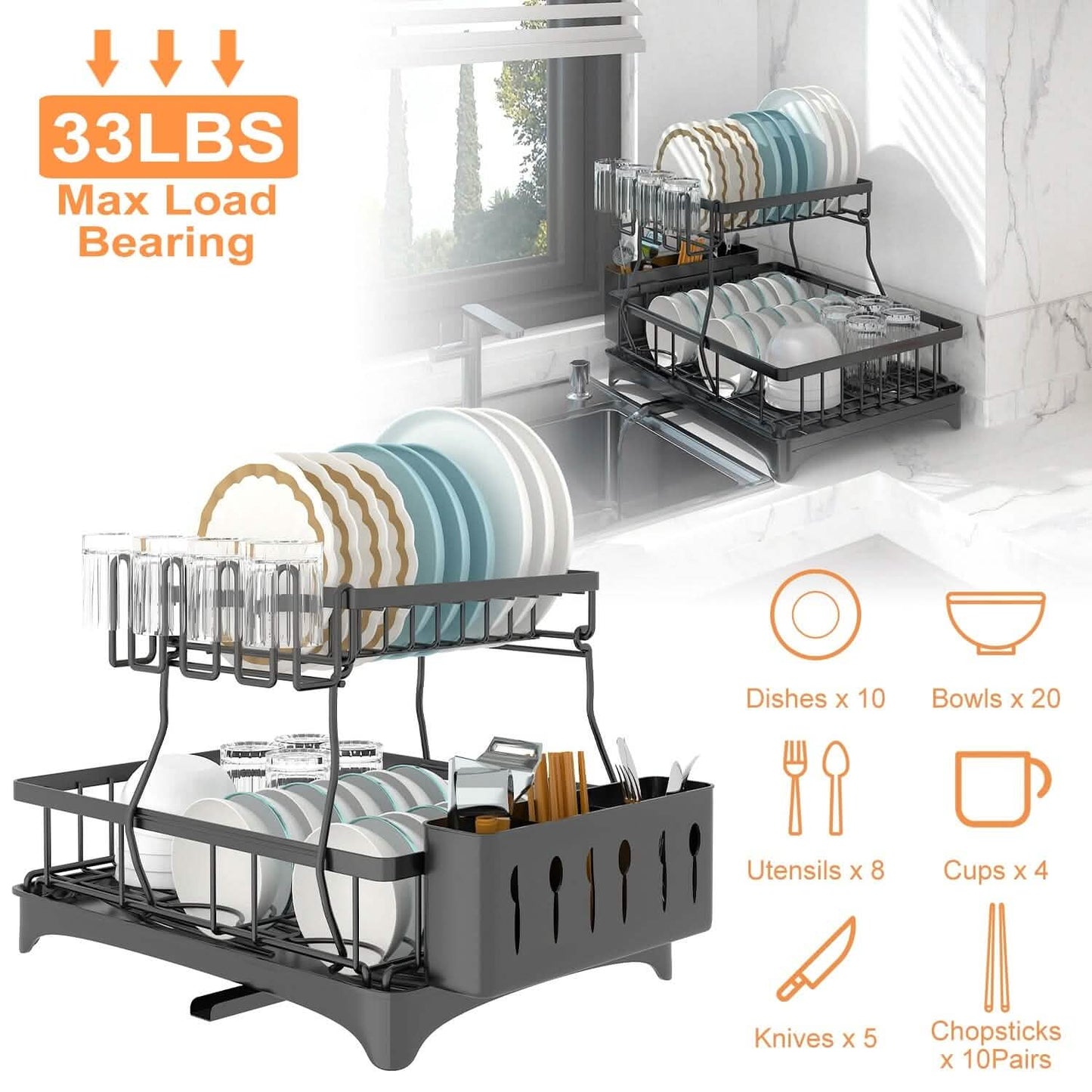 2-Tier Dish Rack Drainer Organizer Set with Utensil Cup Holder Rack Swivel Spout DailySale
