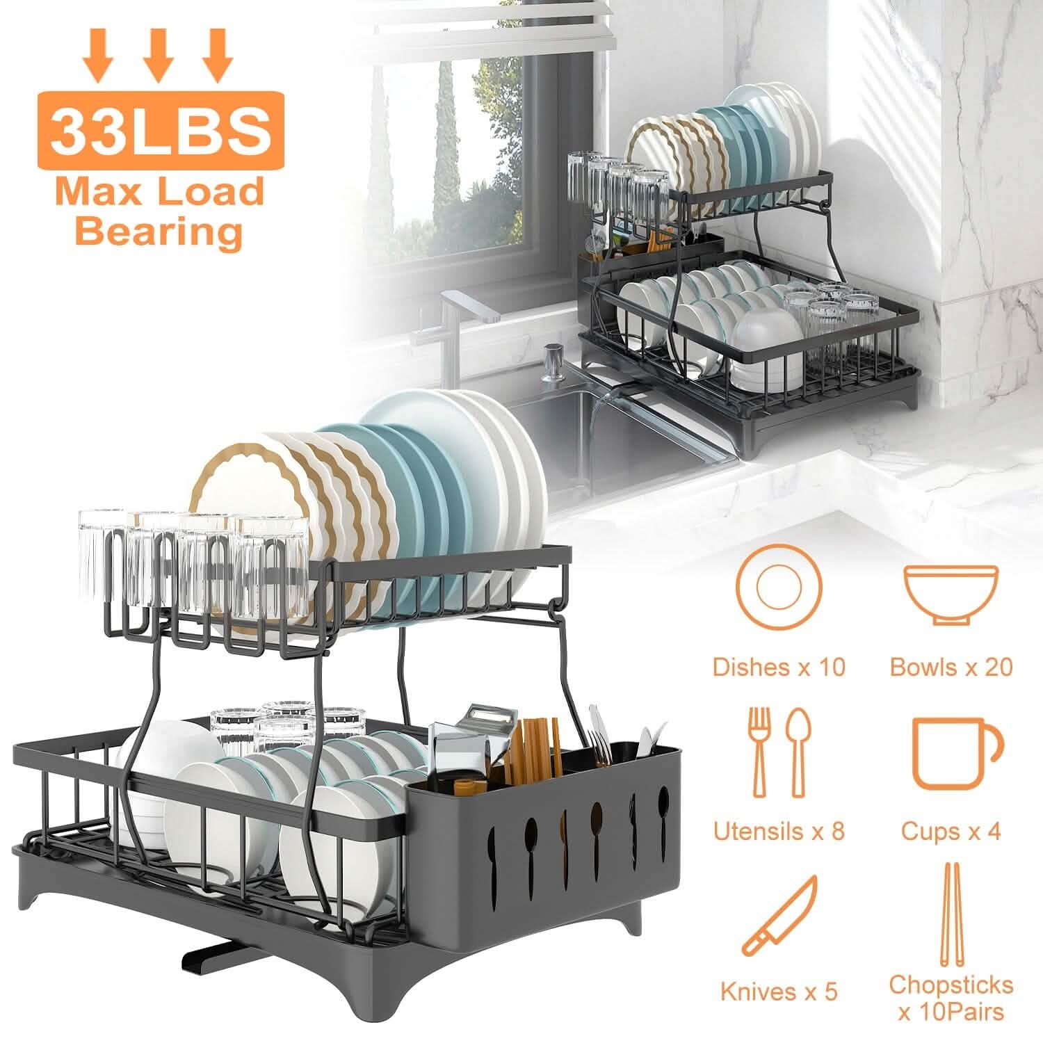 2-Tier Dish Rack Drainer Organizer Set with Utensil Cup Holder Rack Swivel Spout DailySale