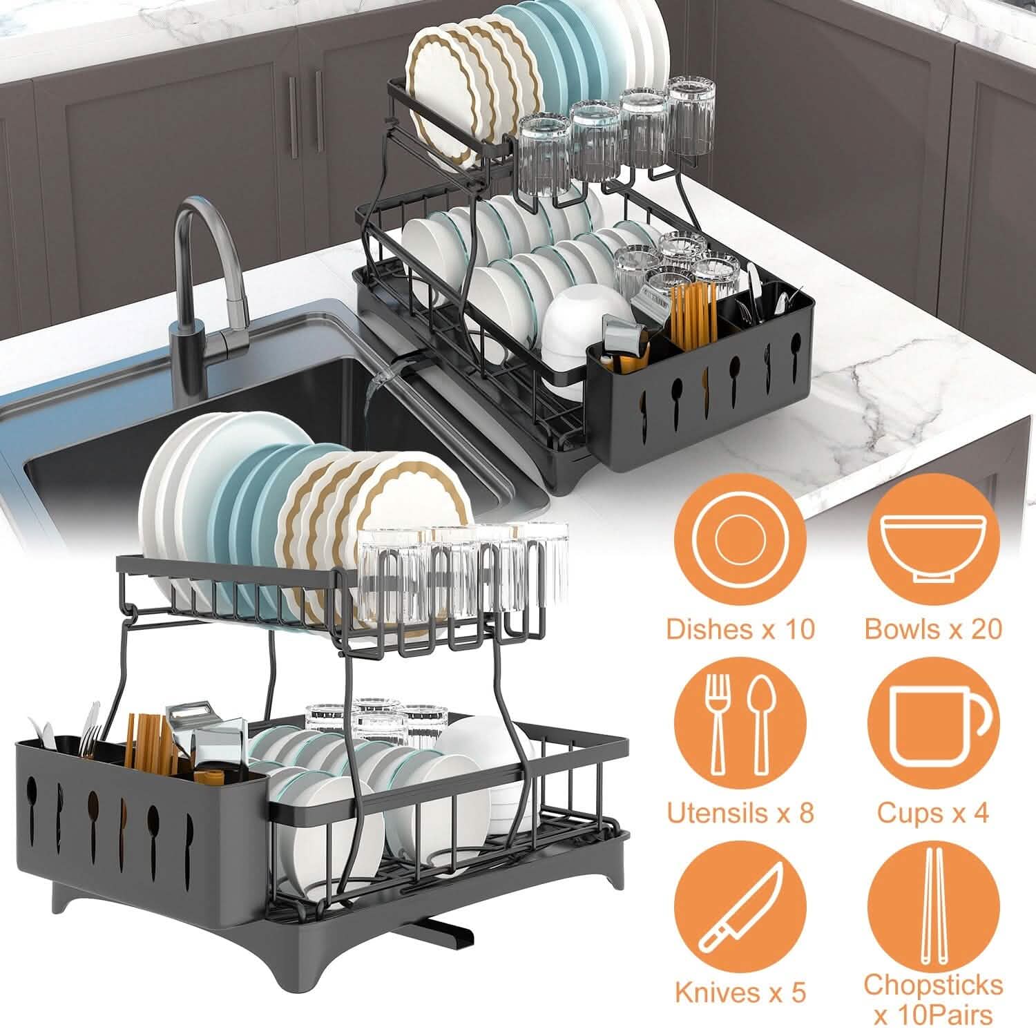 2-Tier Dish Rack Drainer Organizer Set with Utensil Cup Holder Rack Swivel Spout DailySale