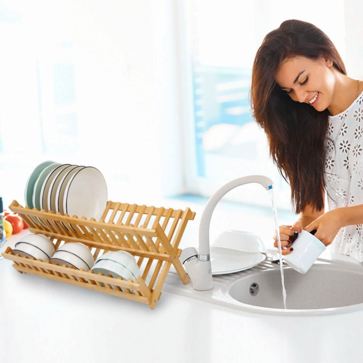 2-Tier Foldable Bamboo Dish Drying Rack DailySale