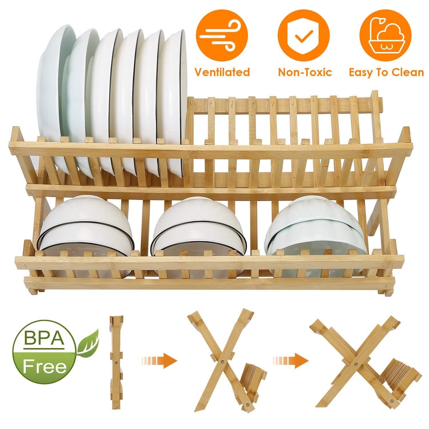 2-Tier Foldable Bamboo Dish Drying Rack DailySale