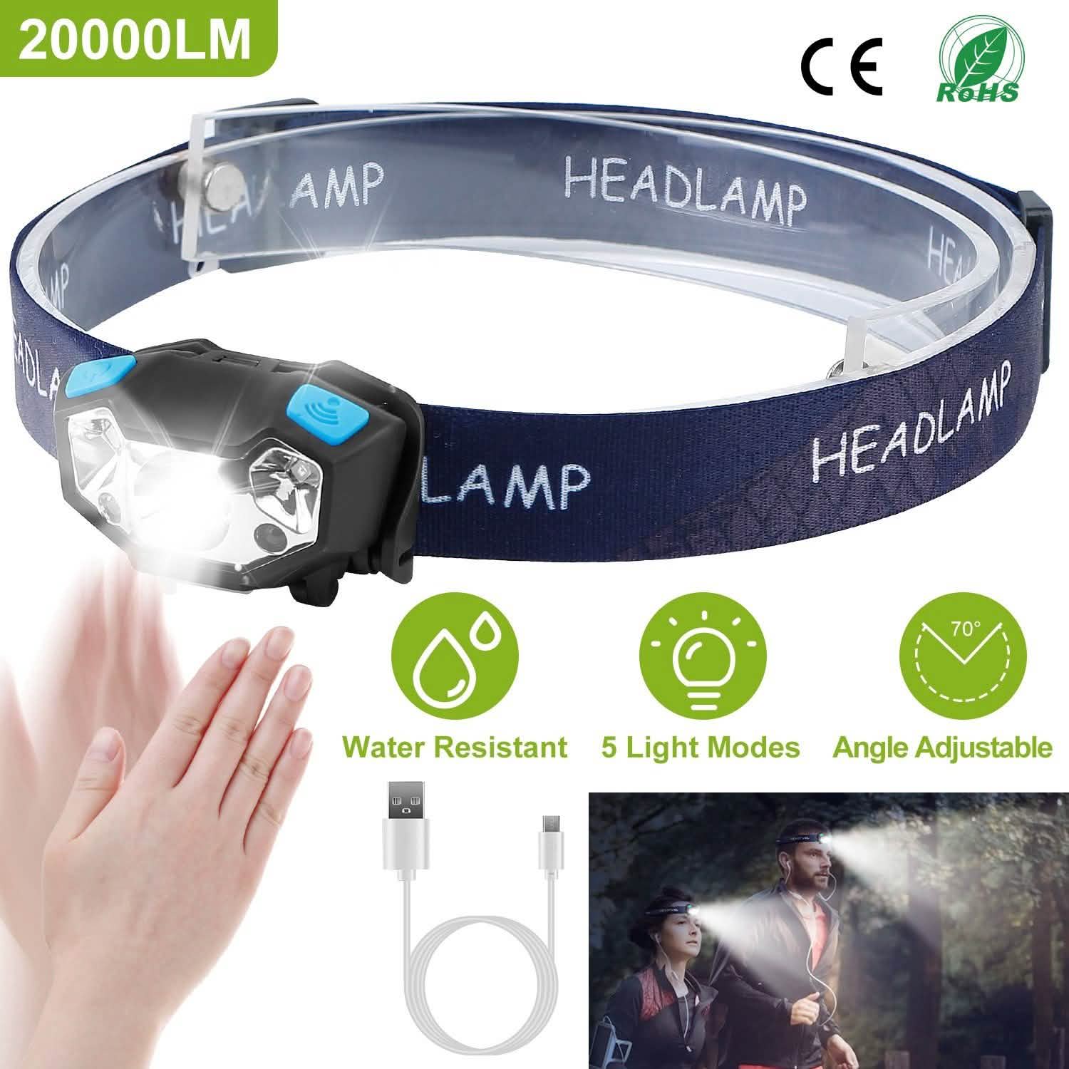 20000LM LED Headlamp USB Rechargeable Wave Motion Sensor Headlight DailySale