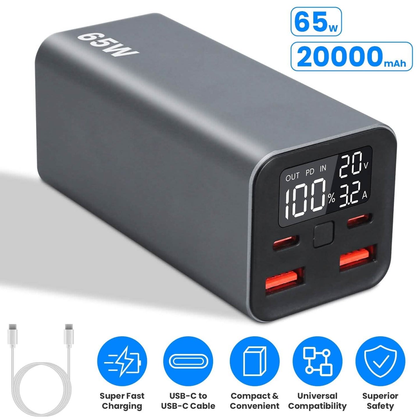 20000mah 65W USB-C PD Laptop Power Bank Fast Charging DailySale