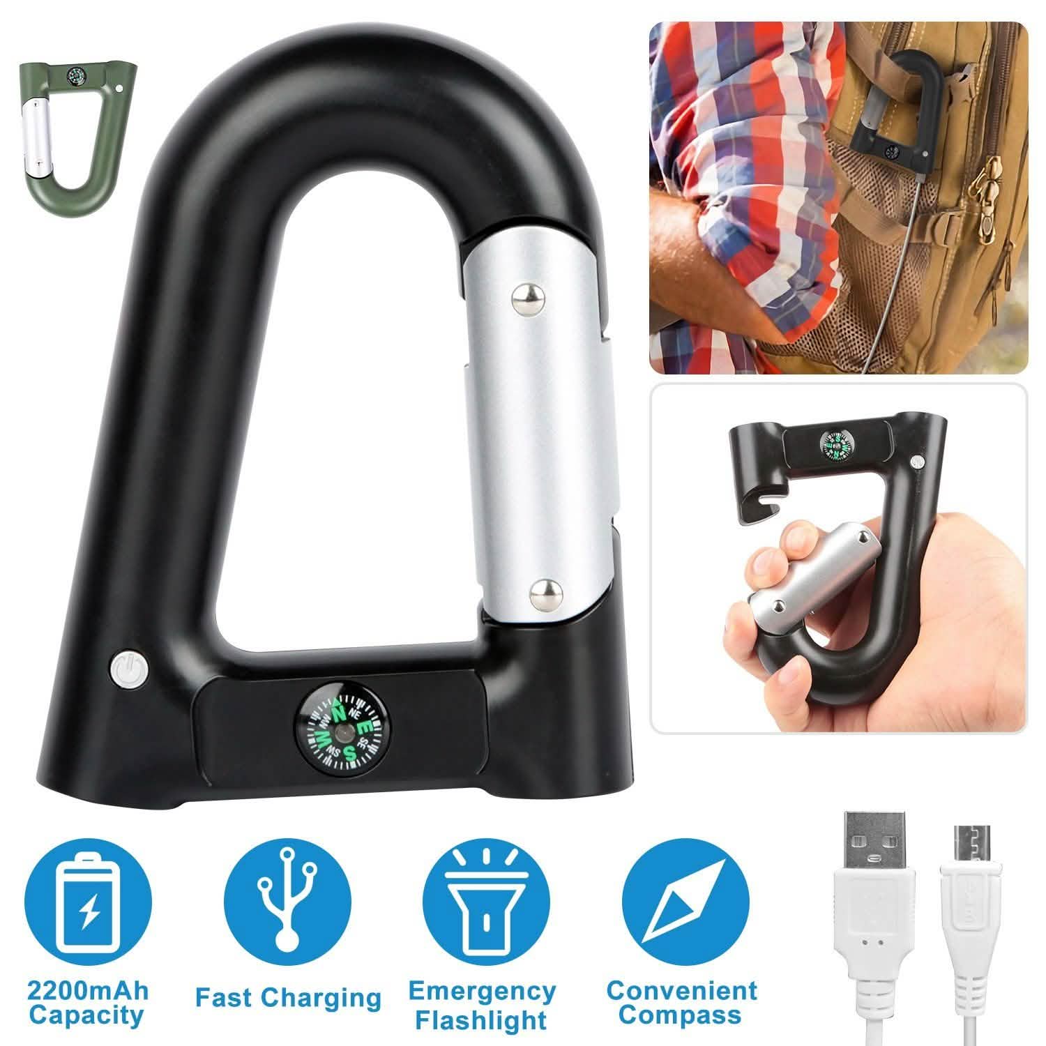 2200 mAh Powerbank with Emergency Flashlight Compass Carabiner-Shaped DailySale