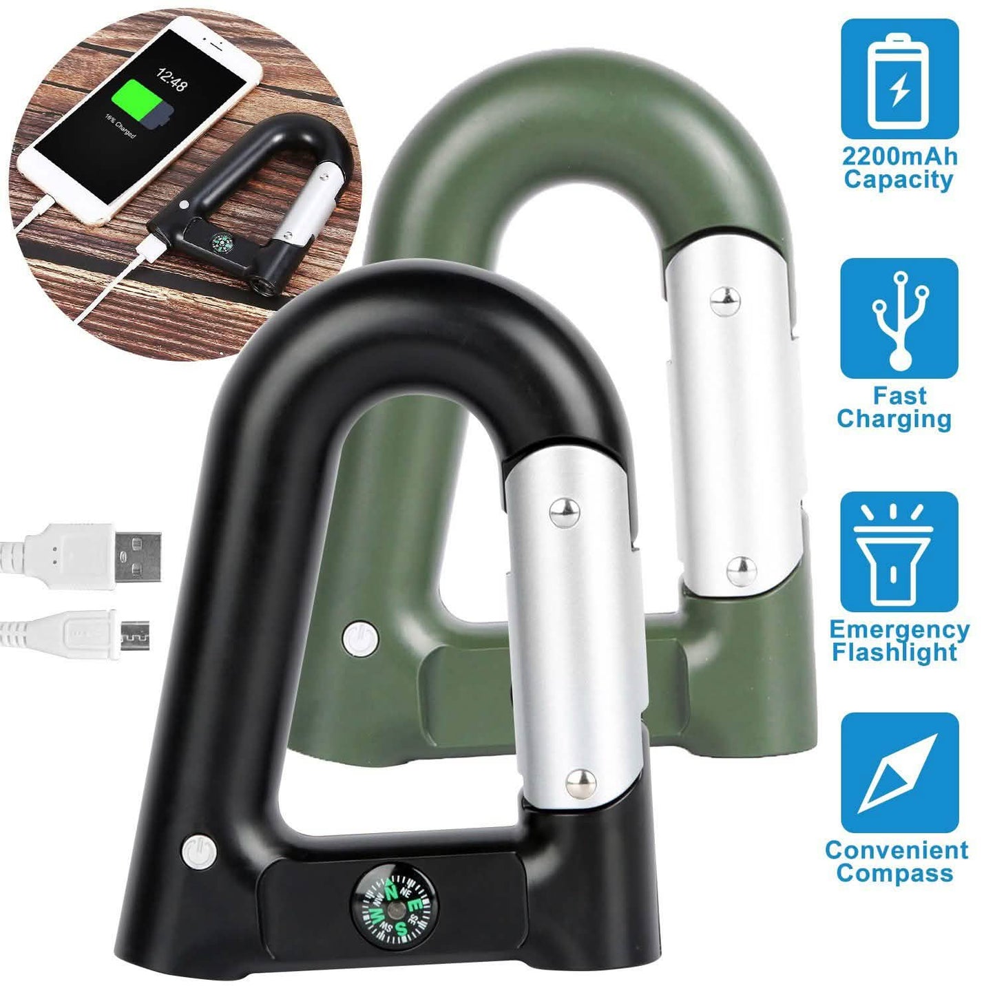 2200 mAh Powerbank with Emergency Flashlight Compass Carabiner-Shaped DailySale