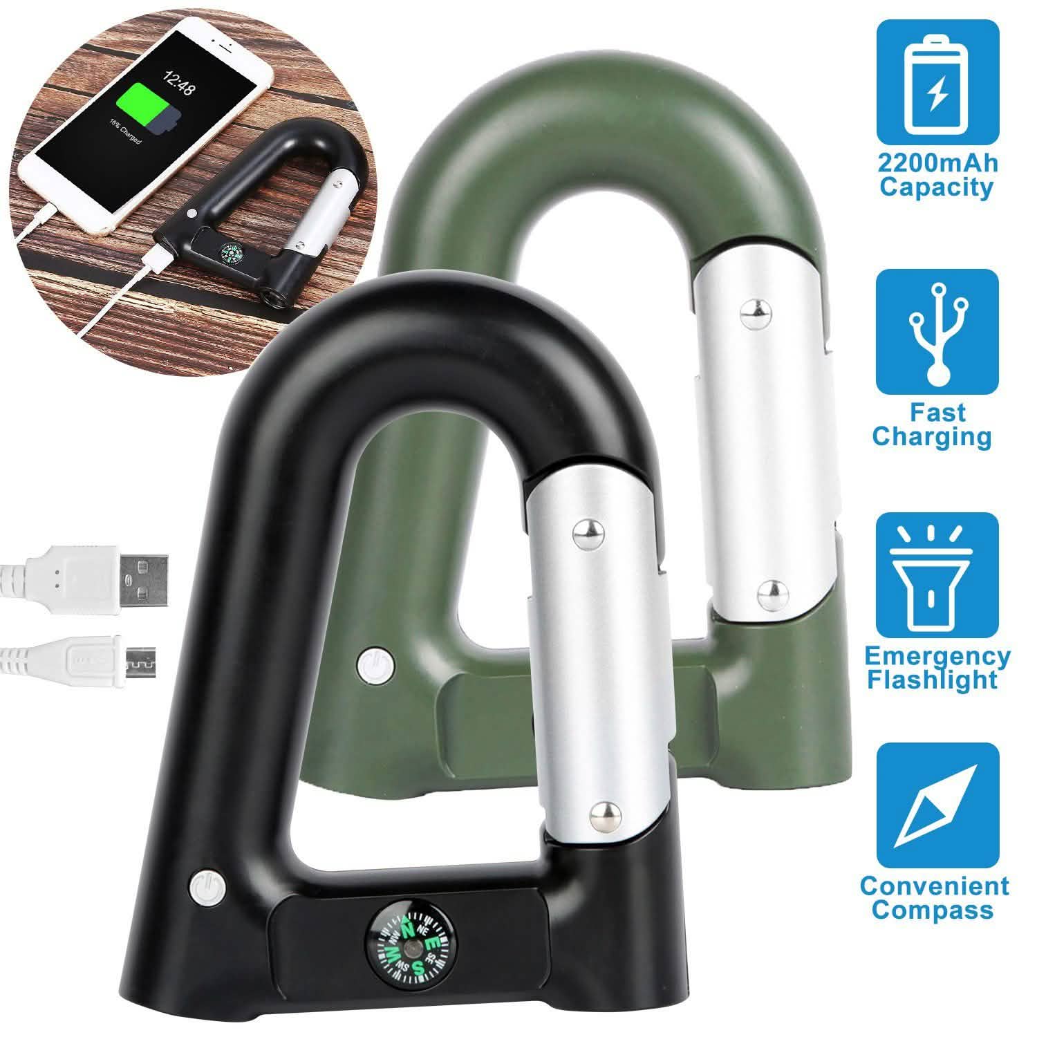2200 mAh Powerbank with Emergency Flashlight Compass Carabiner-Shaped DailySale