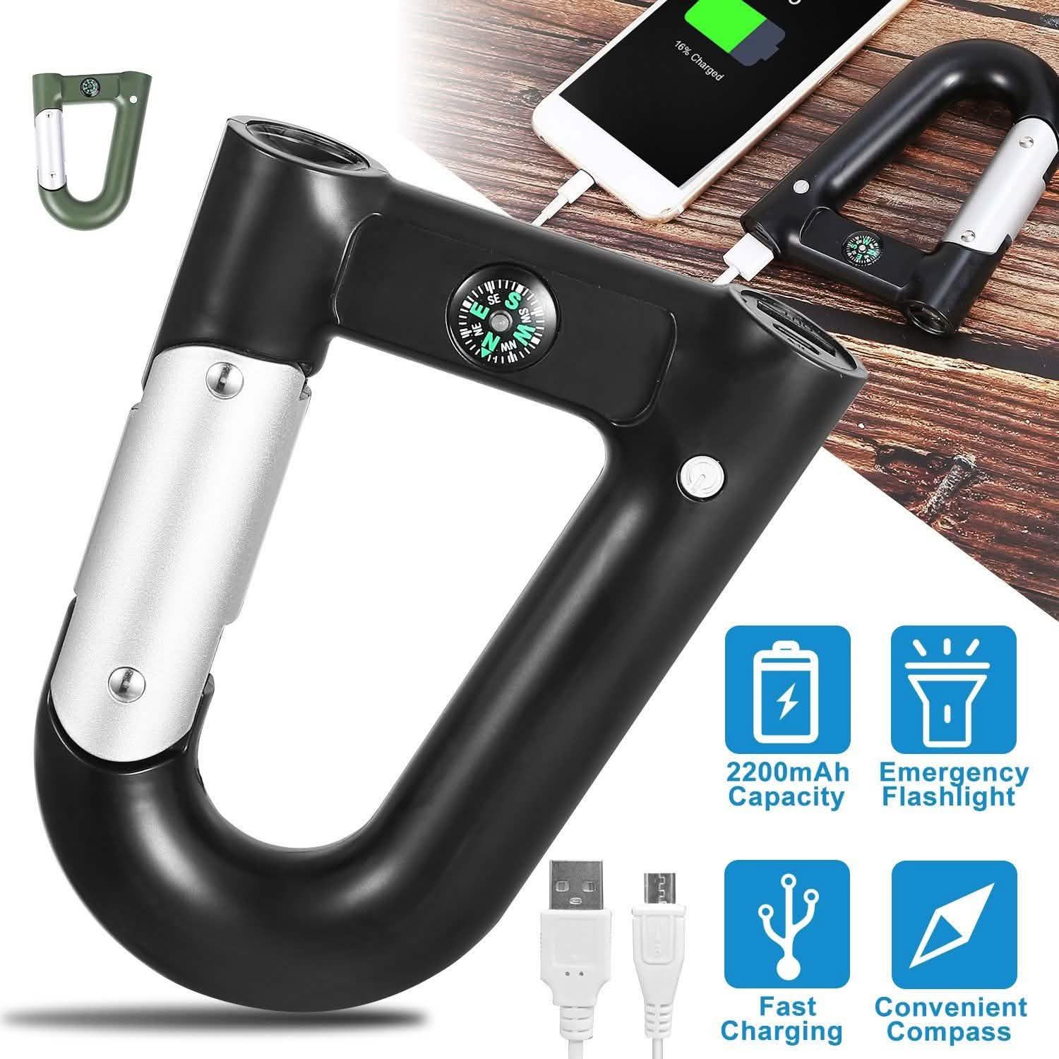 2200 mAh Powerbank with Emergency Flashlight Compass Carabiner-Shaped DailySale