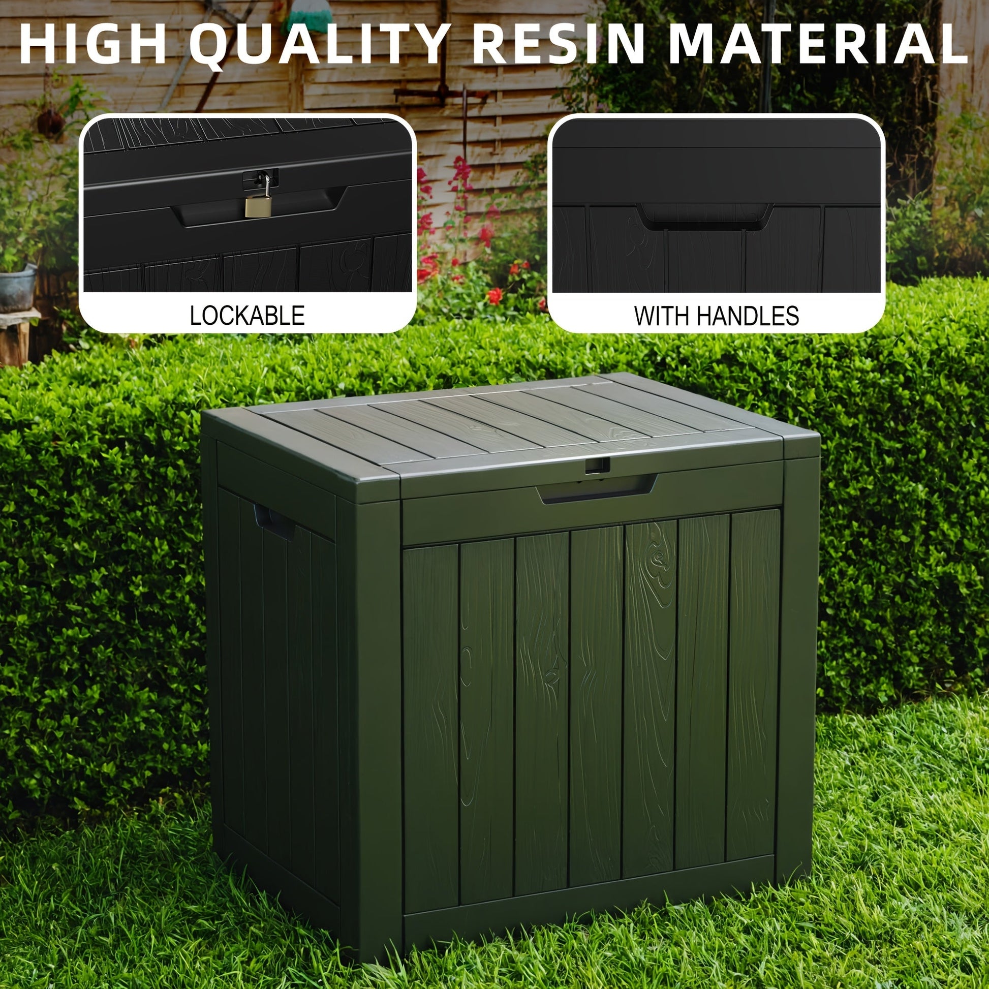 35 Gallon Outdoor Resin Storage Box – Black/Wood Grain DailySale
