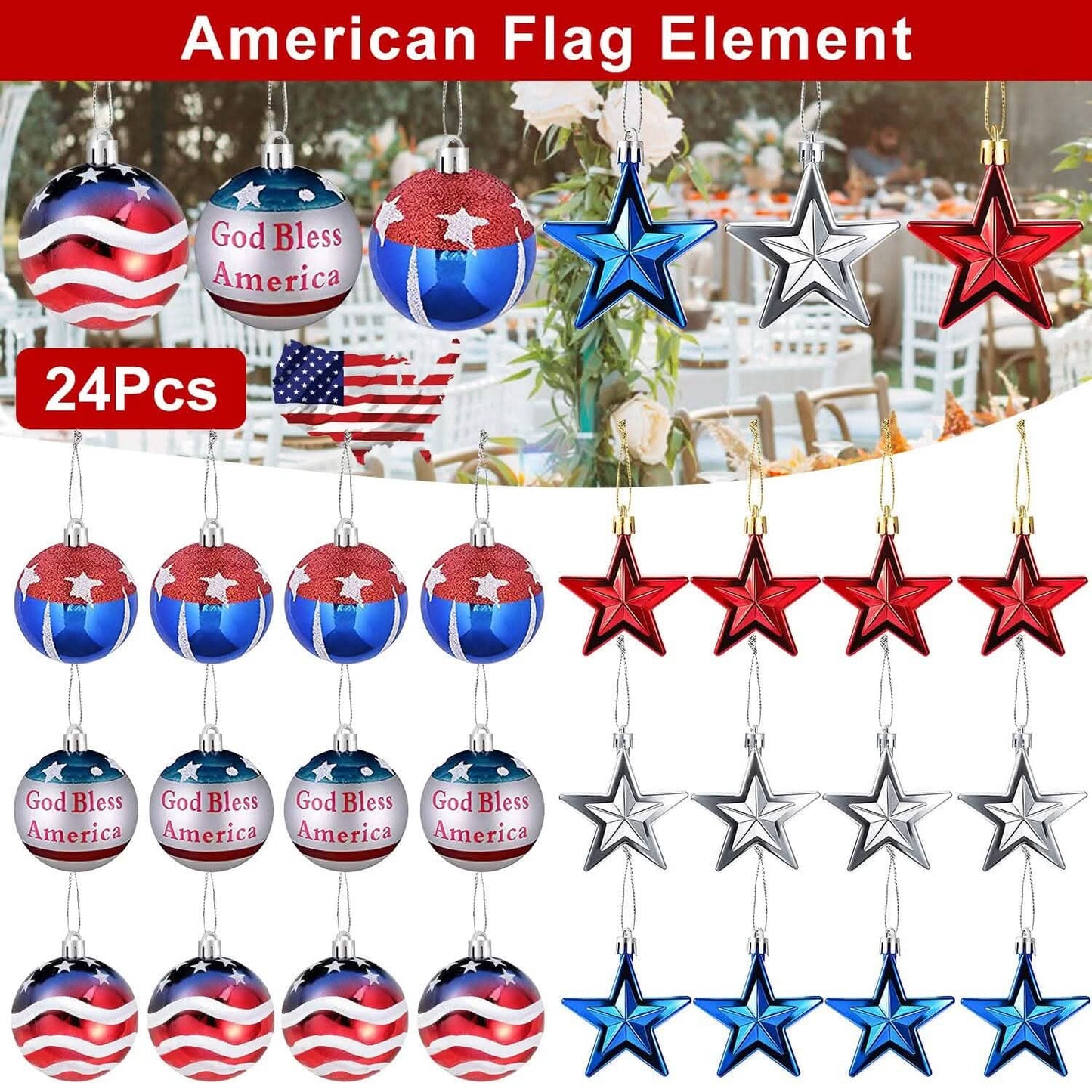 24-Pieces Set: Hanging Ornaments Ball Star Patriotic DailySale