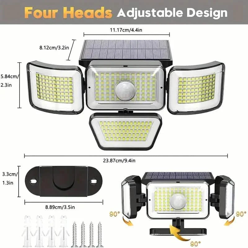278LEDs 3000LM Motion Sensor 6500K Solar Powered, 4 Heads Security Flood, 300° Wide Angle Wall With 3 Modes DailySale