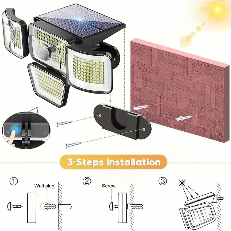 278LEDs 3000LM Motion Sensor 6500K Solar Powered, 4 Heads Security Flood, 300° Wide Angle Wall With 3 Modes DailySale