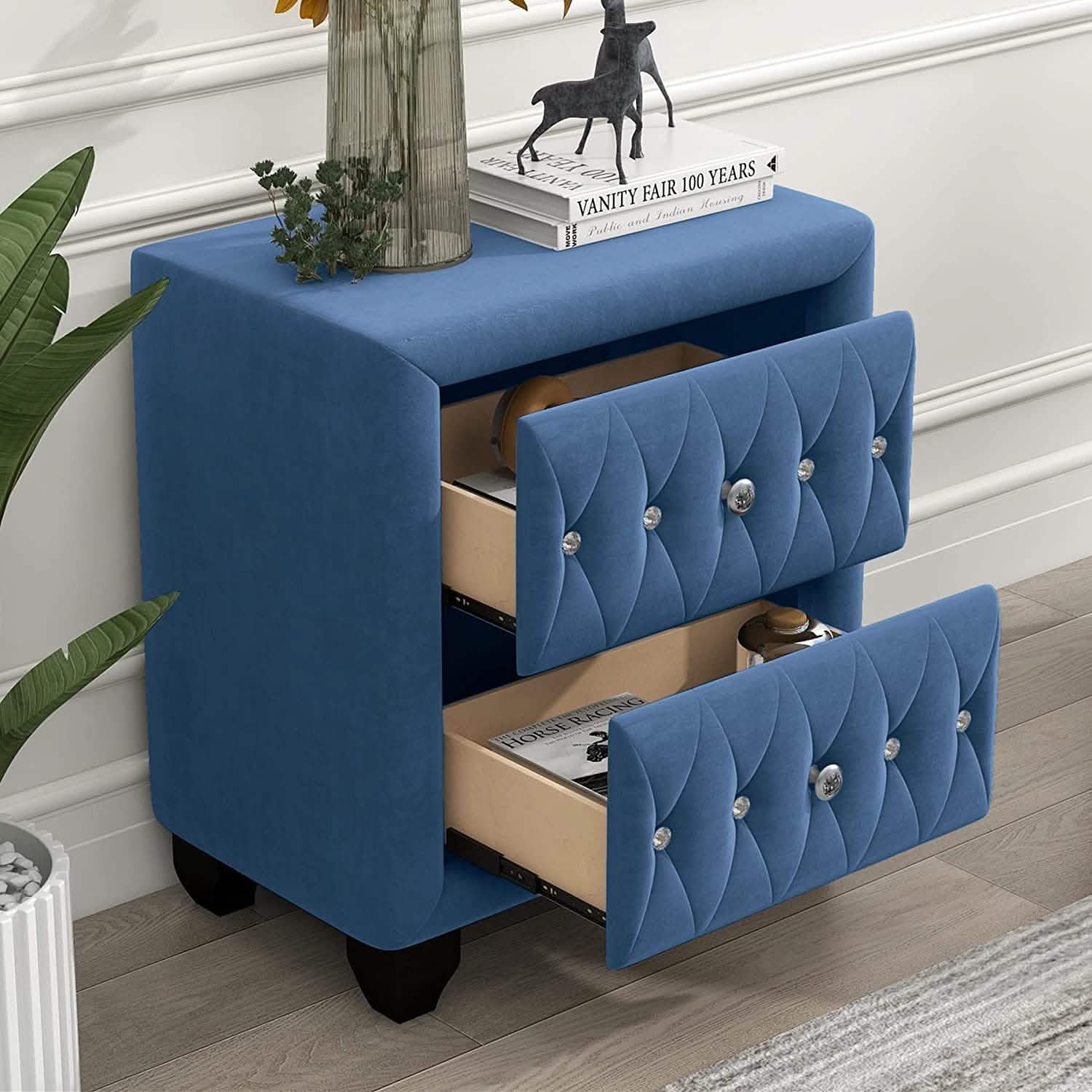 27.9" Tall Bedside Table Blue Upholstered Velvet 2-Drawer Nightstand DailySale