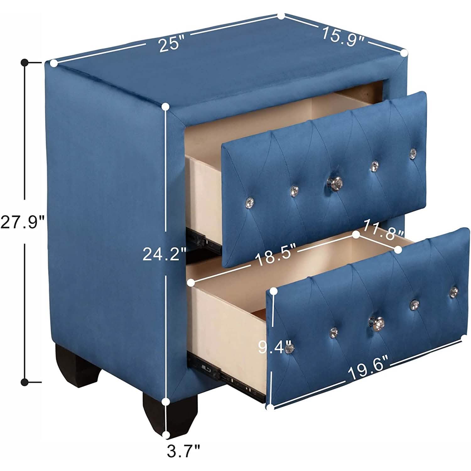27.9" Tall Bedside Table Blue Upholstered Velvet 2-Drawer Nightstand DailySale