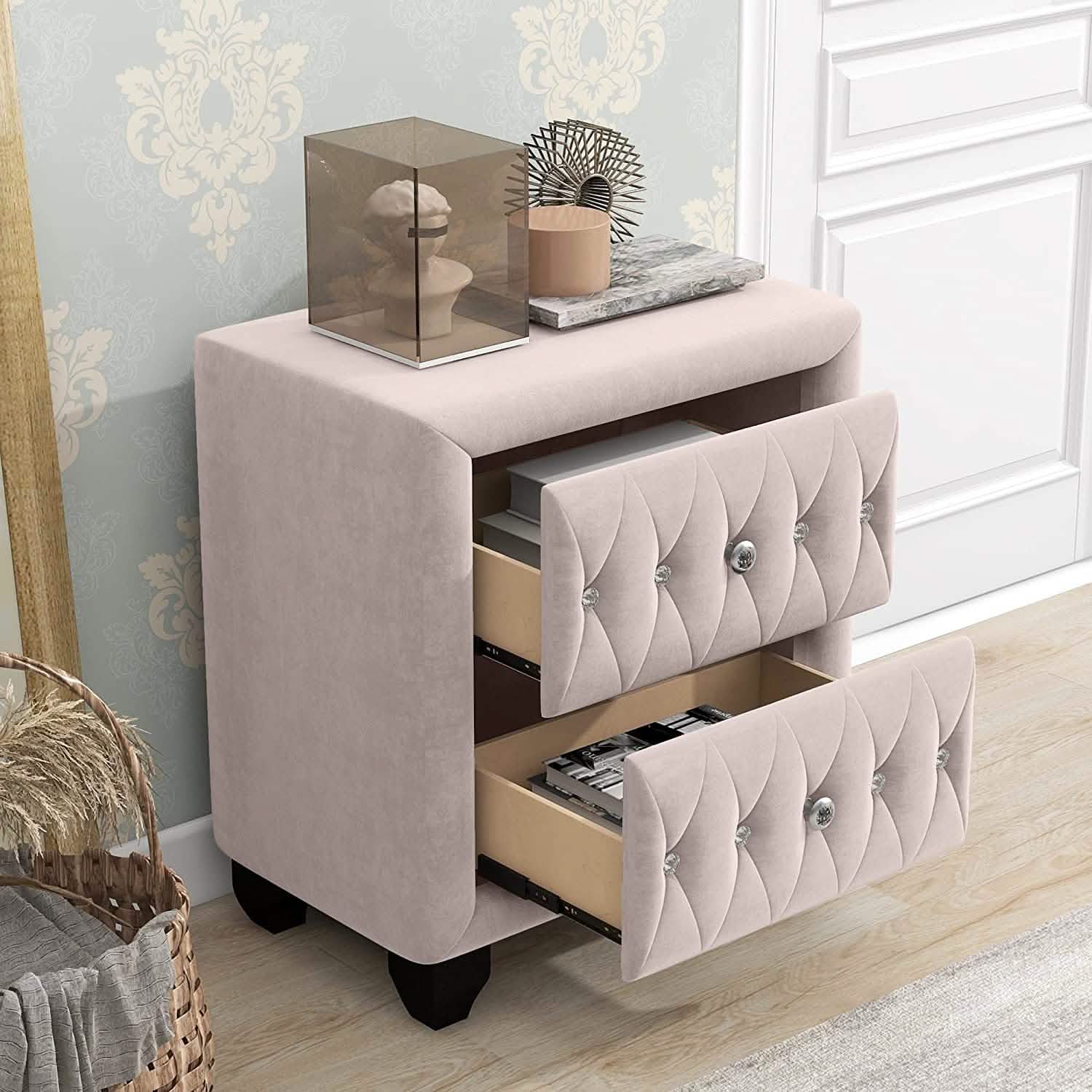 27.9" Tall Bedside Table Blue Upholstered Velvet 2-Drawer Nightstand DailySale