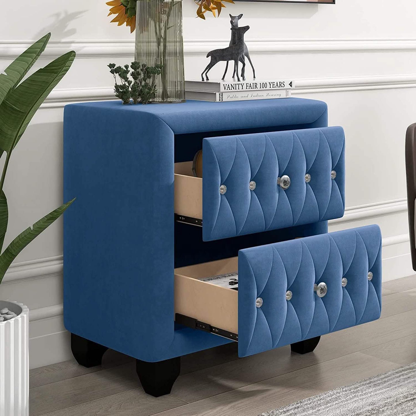 27.9" Tall Bedside Table Blue Upholstered Velvet 2-Drawer Nightstand DailySale