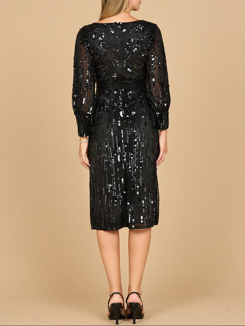 Lara 28855 - Beaded A-line Midi Dress with Long Sleeves Lara New York