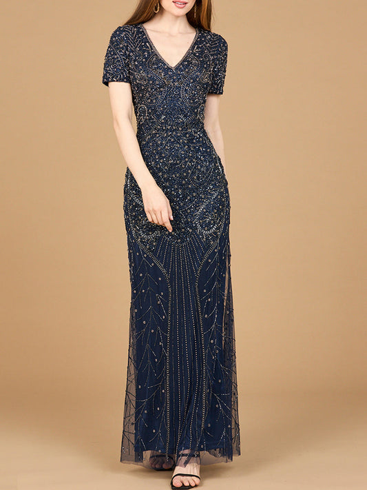 Short Sleeve Sheath Beaded Gown Lara New York