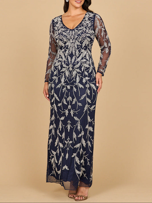 Lara 28870-  Long Sleeve Contrast Beaded Gown Lara New York