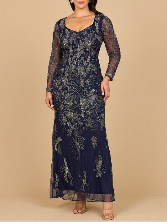 Long Sleeve Queen Anne Beaded Gown Lara New York
