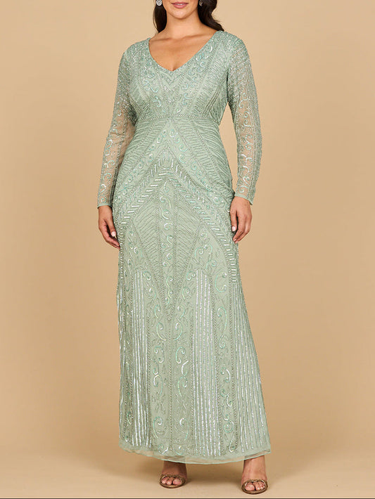 Lara 28875-  Long Sleeve Geometric Beaded Gown Lara New York
