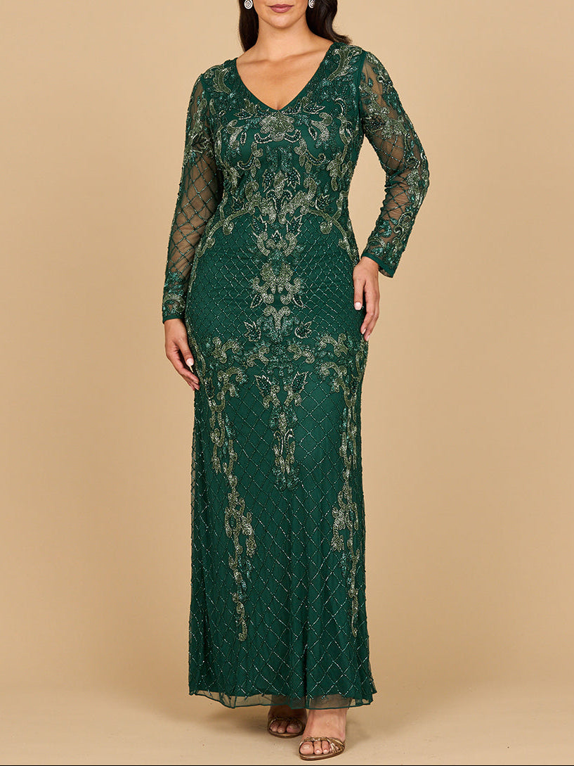 Lara 28877-  Long Sleeve Contrast Beaded Gown Lara New York