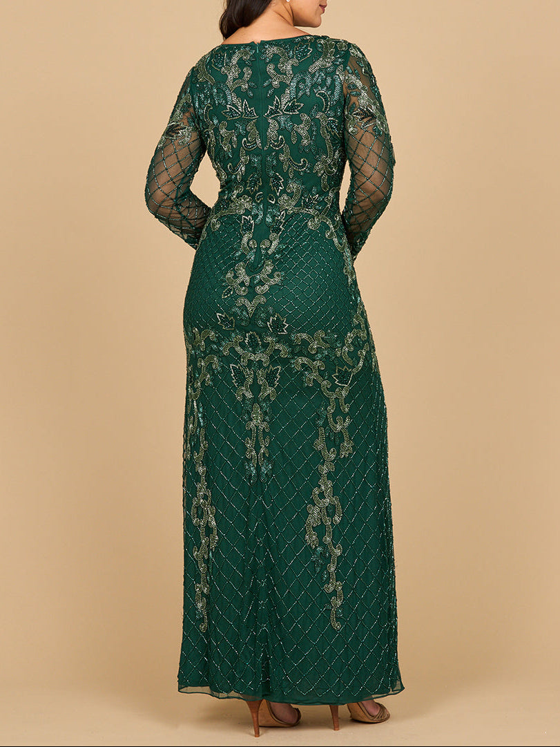 Lara 28877-  Long Sleeve Contrast Beaded Gown Lara New York