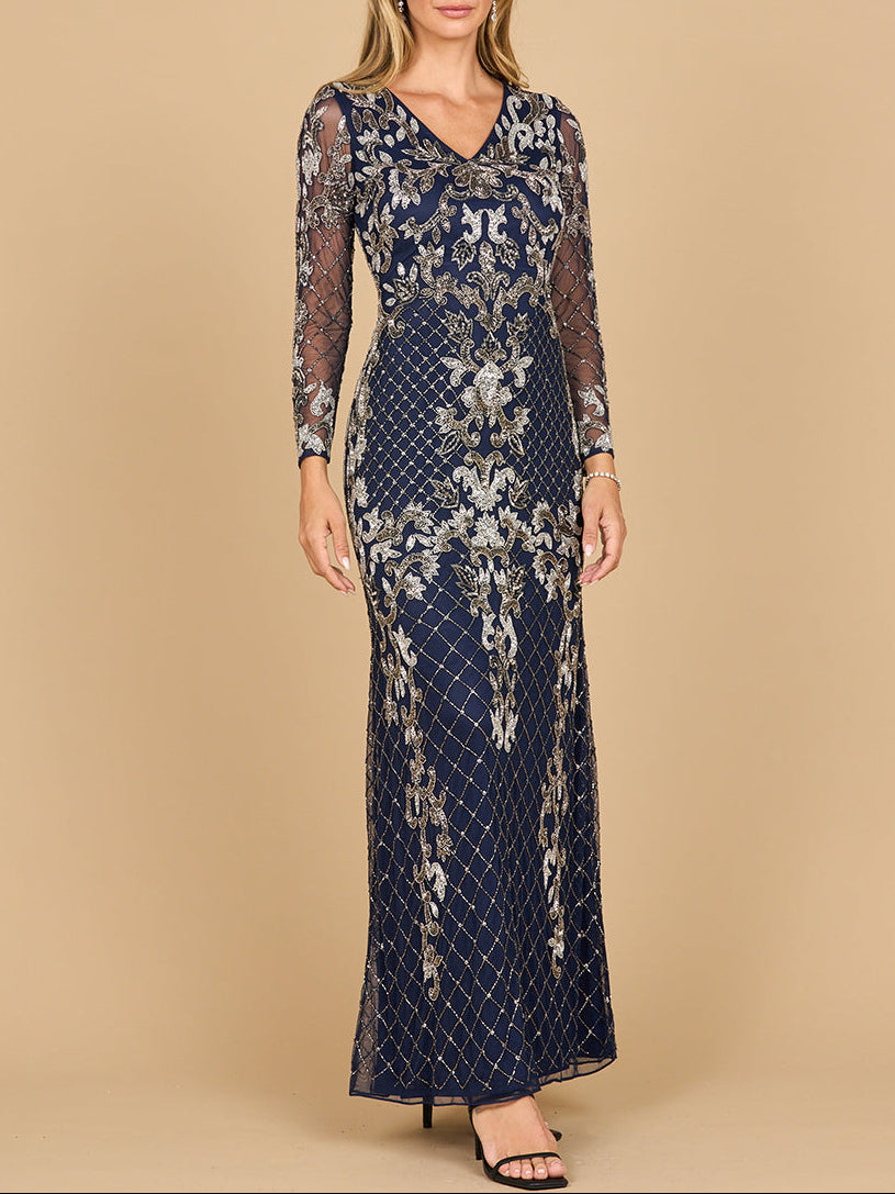 Lara 28877-  Long Sleeve Contrast Beaded Gown Lara New York