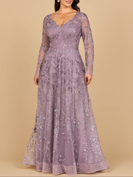 Lara 28878- Long Sleeve V-Neck Ombre Lace Gown Lara New York