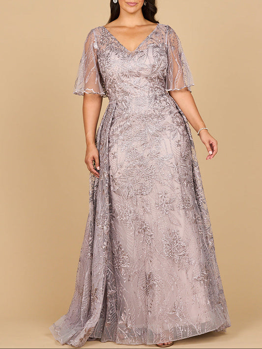 Lara 28880- Overskirt Lace Fitted V-Neck Gown with Cape Sleeves Lara New York