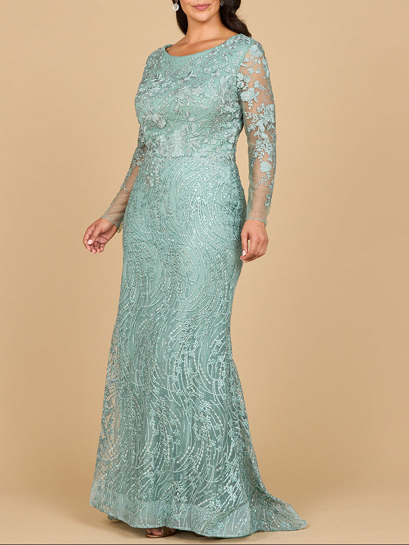 Long Sleeve Gown with Overskirt & Illusion Neckline Lara New York