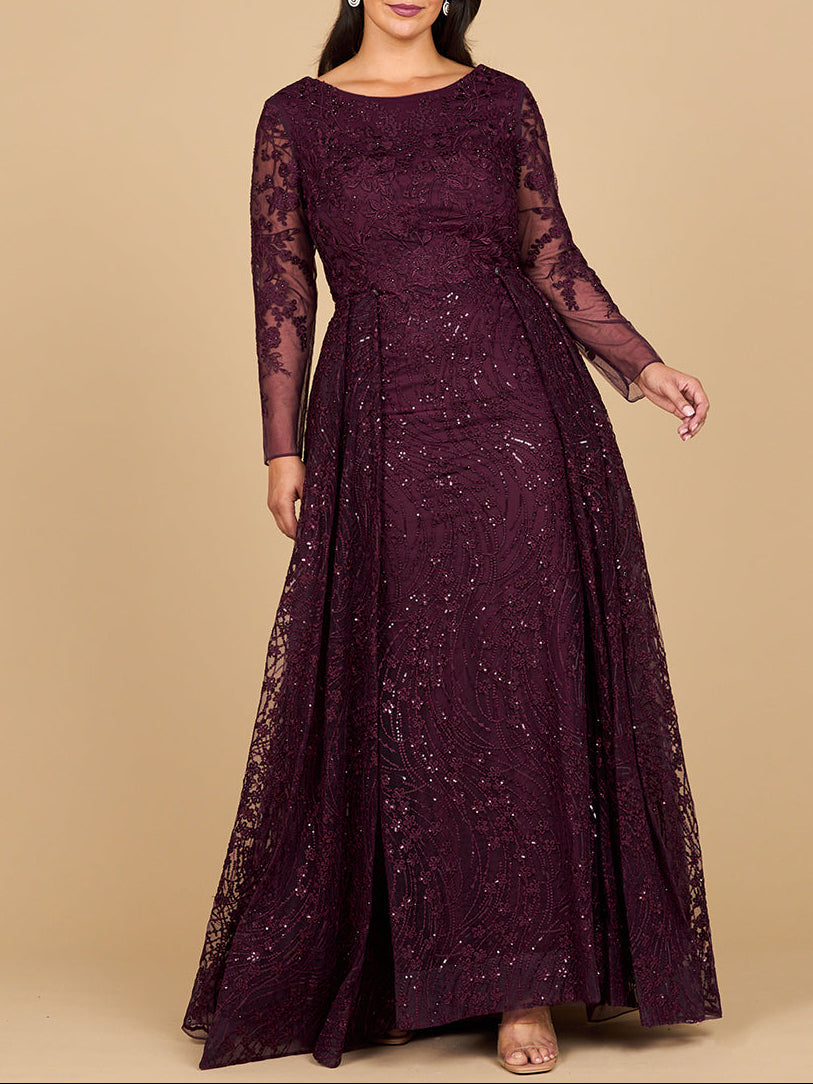 Long Sleeve Gown with Overskirt & Illusion Neckline Lara New York
