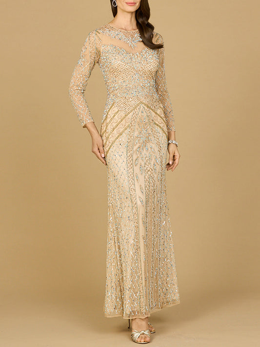 Illusion Neck, Long Sleeve Beaded Gown Lara New York
