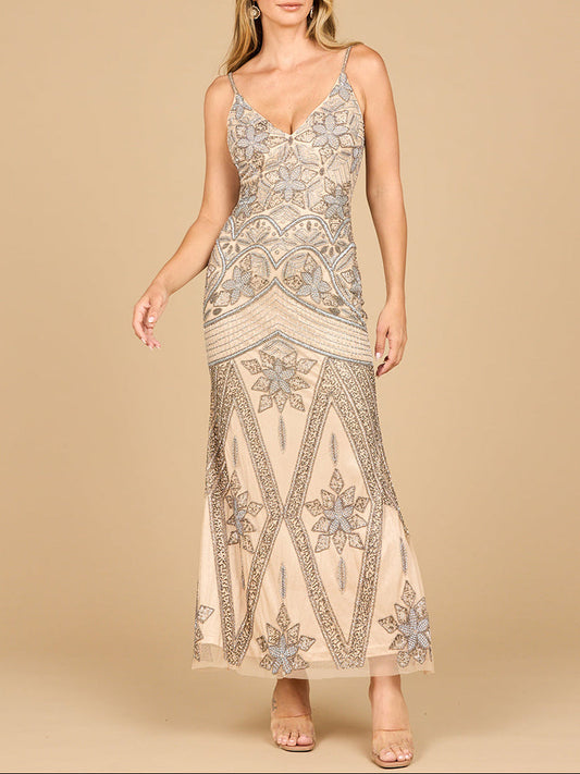 Contrast Beaded V-Neck Fitted Gown Lara New York
