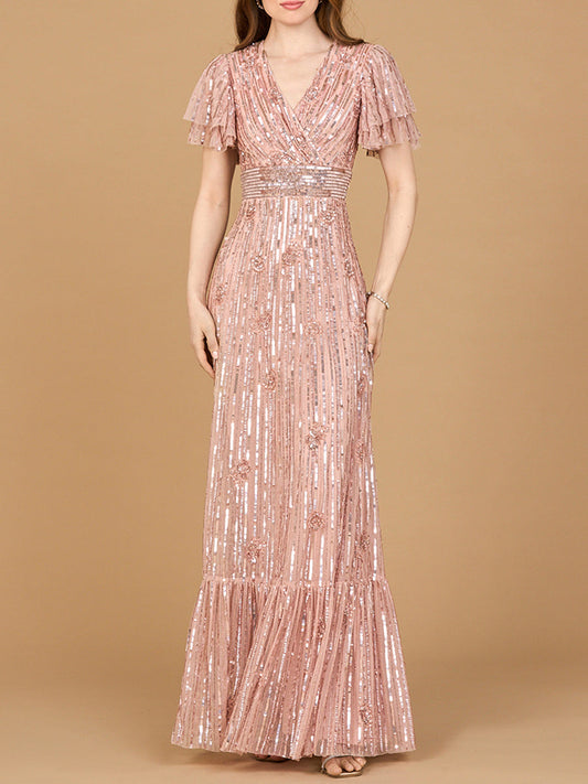 Elegant Beaded Gown with Flutter Sleeves Lara New York