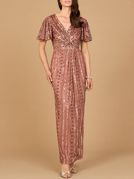 Fully Beaded Gown with Flutter Sleeves Lara New York