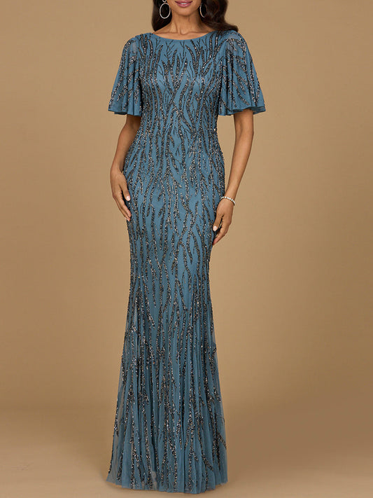 Beaded Gown with Flutter Sleeves Lara New York