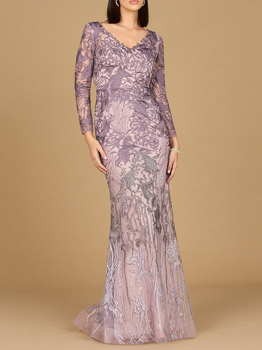 Long Sleeve V-Neck Mermaid Gown Lara New York