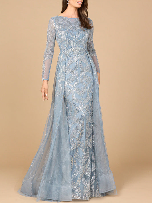Long Sleeve Gown with Overskirt & High Neck Lara New York