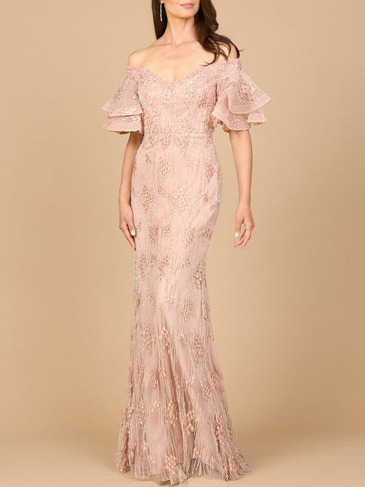 Off Shoulder Mermaid Gown with Tiered Sleeves Lara New York