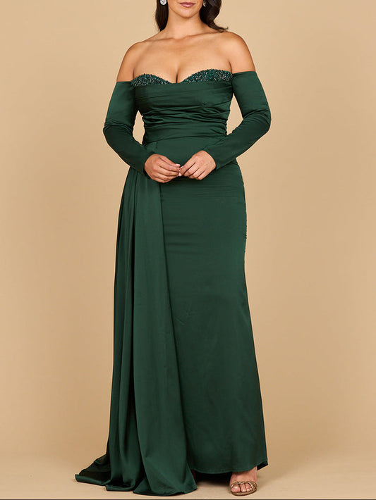 Lara 28936 - Off Shoulder Satin Dress with Beaded Details Lara New York