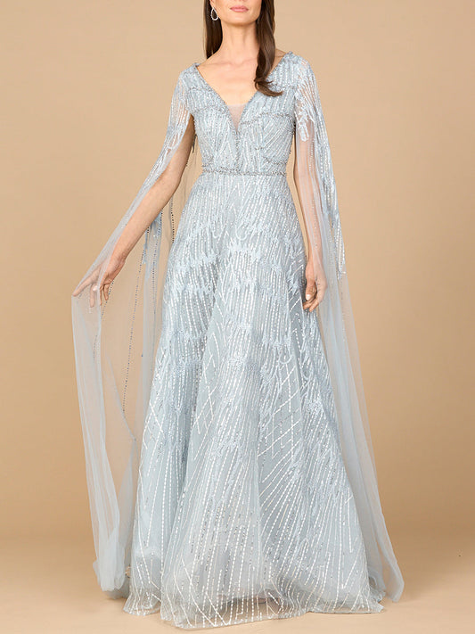 Embellished Gown with Cape Sleeves Lara New York