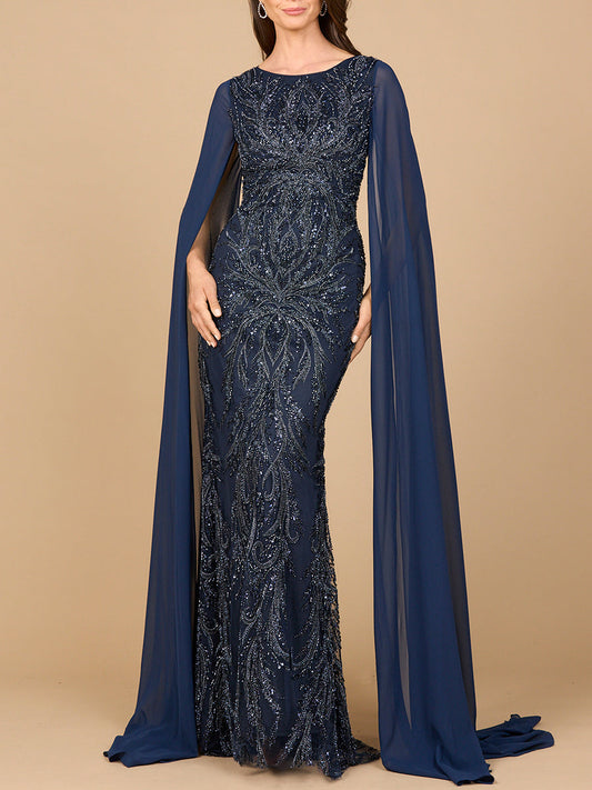 High Neck Gown with Chiffon Cape Sleeves Lara New York