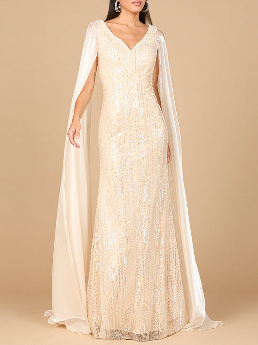 Beaded Gown with Satin Cape Sleeves Lara New York